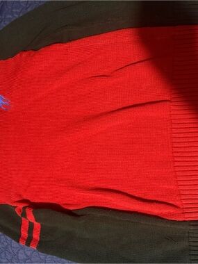 Polo red and Black Knit Sweater with Striped Sleeves